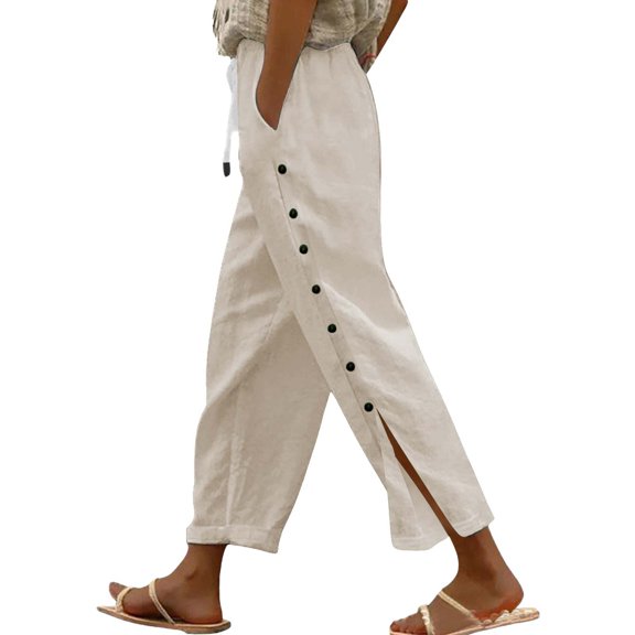 Gauze Pants for Women Summer Side-Buttoned Closure Joggers Side Slit Pants Resort High Waisted Drawstring Straight Leg Ankle Pants Elastic Waist Trousers With Pockets Capris Pants Palazzo Boho Travel