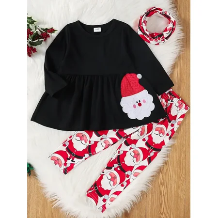 

3pcs/set Long Sleeve & Pants & Headdress With Christmas Print For Winter