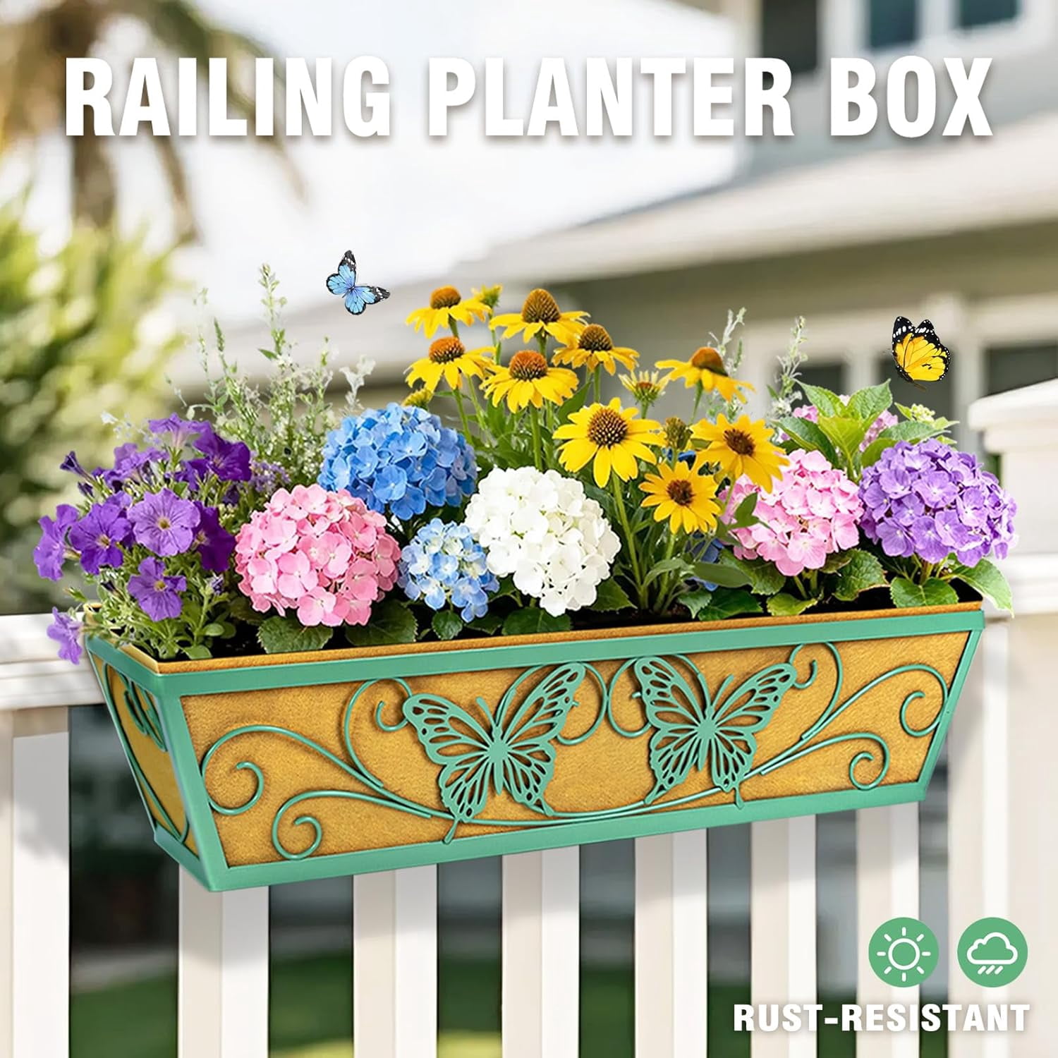 4 Pack 24 Inch Window Boxes Planter Railing Planters Box with Adjustable Brackets for Porch Deck Balcony Hanging Butterfly Decorative Flower Baskets & Non-Woven Fabric Liner for Outdoor Plants -Green