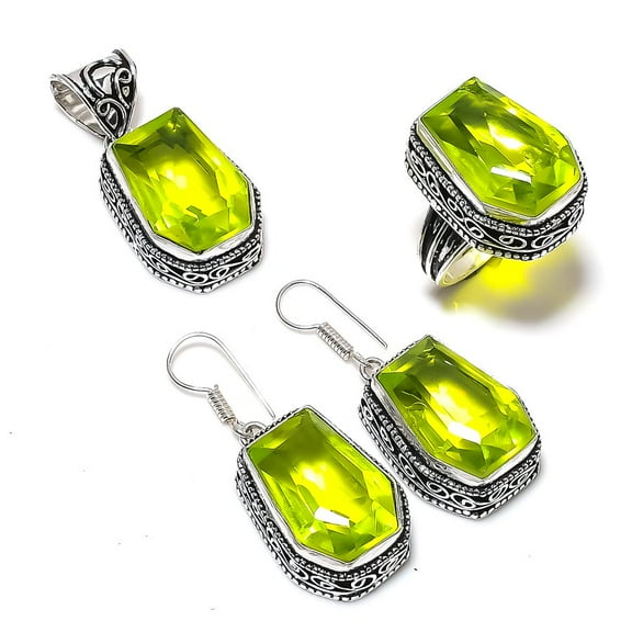 Natural Peridot Gemstone Handmade 925 Sterling Silver Jewelry Set