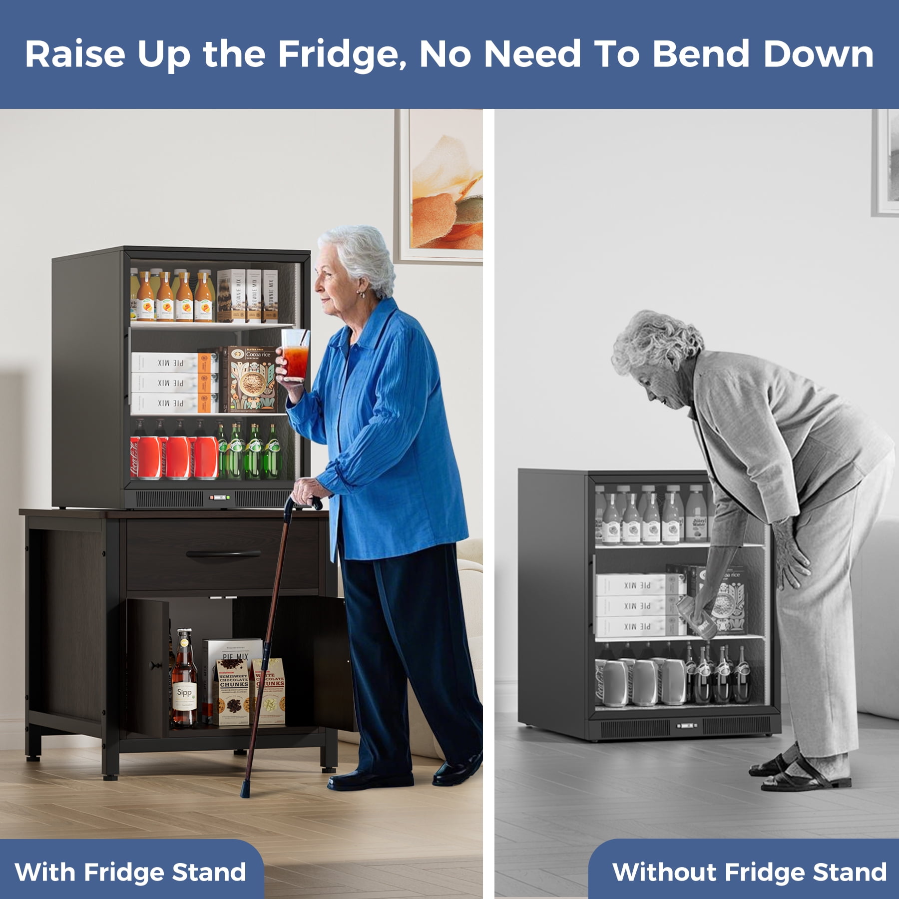 INFANZIA Mini Fridge Stand with Storage, Heavy Duty Mini Fridge Cabinet with Drawer, Solid Wood Beverage Refrigerator Stand Table for Dorm, Office, Bedroom, Load 220LBS, Black