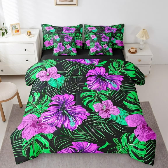 Erosebridal Purple Flower Bedding Twin Size, Tropical Palm Bed in a Bag Twin size, Botanical Decor, Reversible 7 Pieces