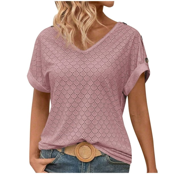 Blusas de Encaje de Manga Corta con Capucha de Cuello en V, 95% Poliéster 5% Spandex Camiseta de Manga Corta con Capucha
