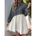 thumbnail image 2 of Women'S Color Block Round Neck Long Sleeve Ruffle Hem Casual A Line Short Dress Dark Gray L, 2 of 7
