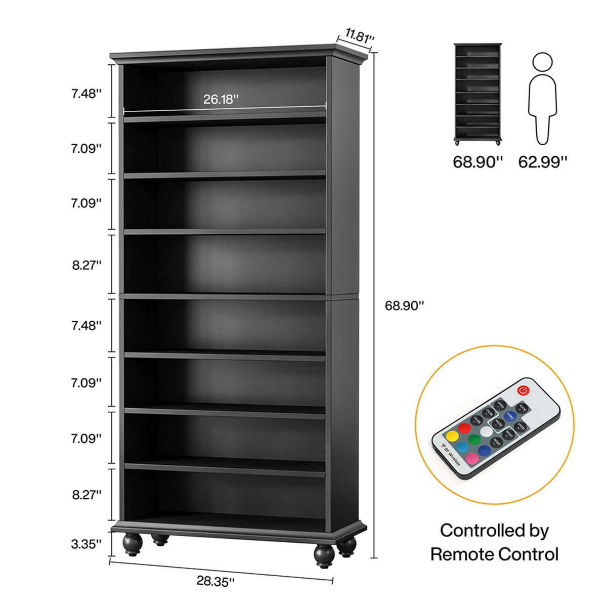 Hommoo 8-Tier Wooden Shoe Cabinet Rack with LED Lighting & Solid Wood Legs, 30 Pairs,Black