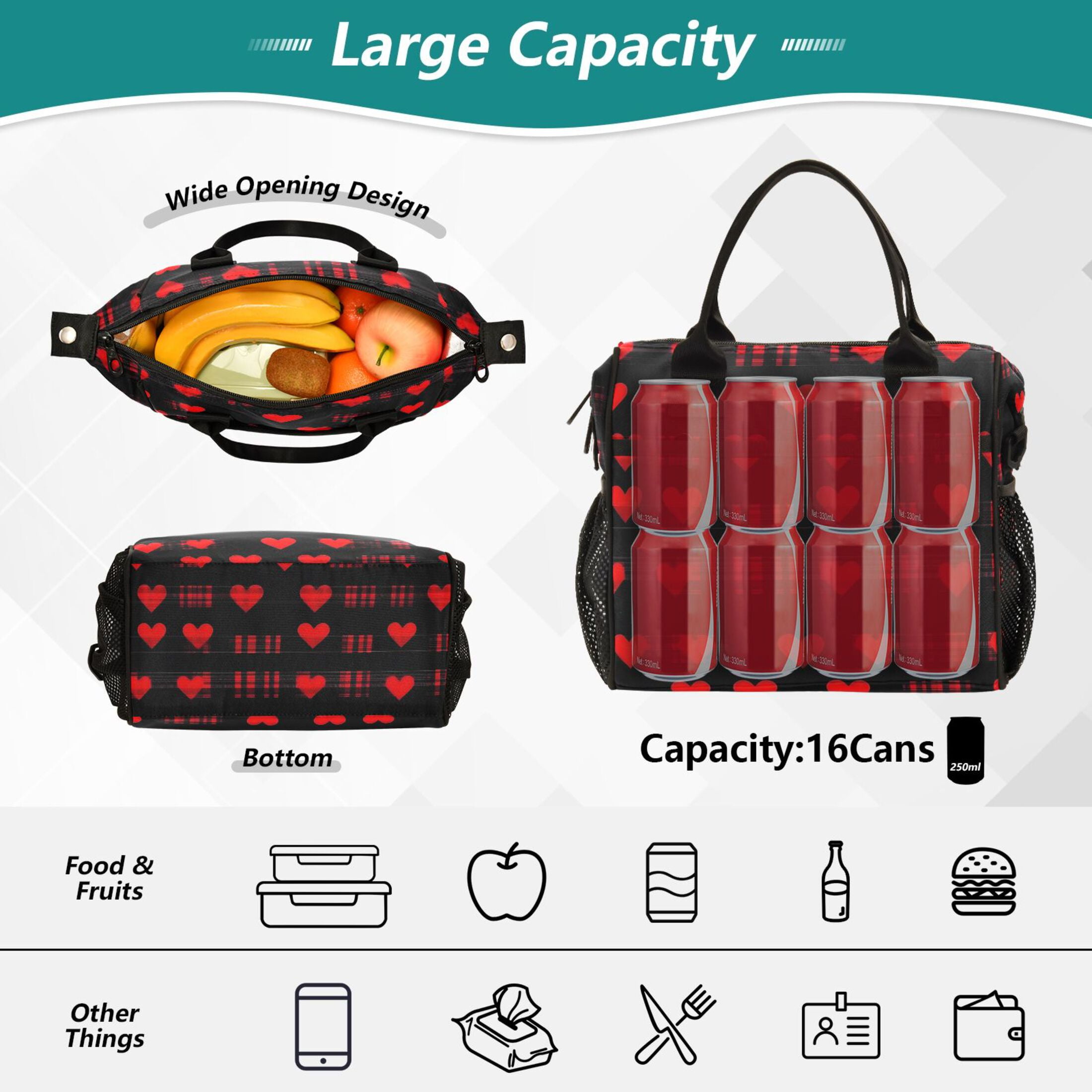 ALAZA Hearts Valentine's Day Insulated Lunch Bag Reusable Tote Box Adjustable Shoulder Strap for Work Picnic
