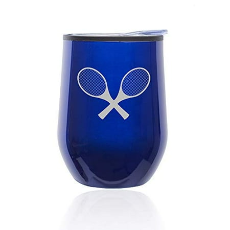 

Stemless Wine Tumbler Coffee Travel Mug Glass With Lid Tennis Racquets (Blue)