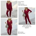 thumbnail image 6 of Long Sleeve Pants Jumpsuit Slim Lace Up V Neck Polyester Fashion Casual Women's Clothing Wine Red XL, 6 of 7
