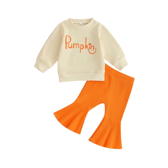 ZAXARRA Infant Baby Girls Pants Sets Long Sleeve Letter Print Sweatshirt Solid Color Flared Pants Sets