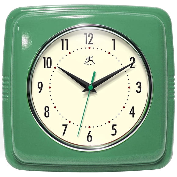 Infinity Instruments Retro Wall Clock - 9 Inch Square Clock - Silent Non-Ticking Mid Century Modern - Kitchen Clock Office Clock Diner Wall Clock - Vintage Wall Clock Decorative - Green