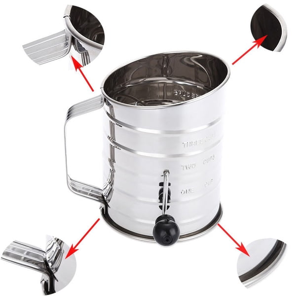 Tamiz de harina manual de acero inoxidable de 3 tazas con agitador | Diseño giratorio clásico | Herramienta de repostería duradera para tamizar harina y azúcar en polvo | Ideal para espolvorear