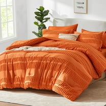 Flymme Orange Comforter Set Queen Size Boho Bedding Shabby Chic 7-Piece Bed in a Bag Pom Pom Textured Comforter Set with Sheets for All Season