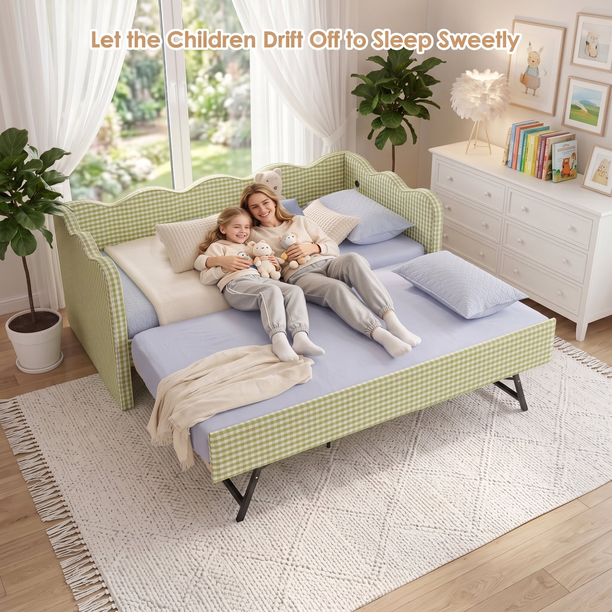 avobird Cozy Gingham Daybed with Trundle Twin Size Sofa Bed for Living Room, Sleeper Sofa with USB Port and Adorable Wave Shaped, Linen Fabric, Green