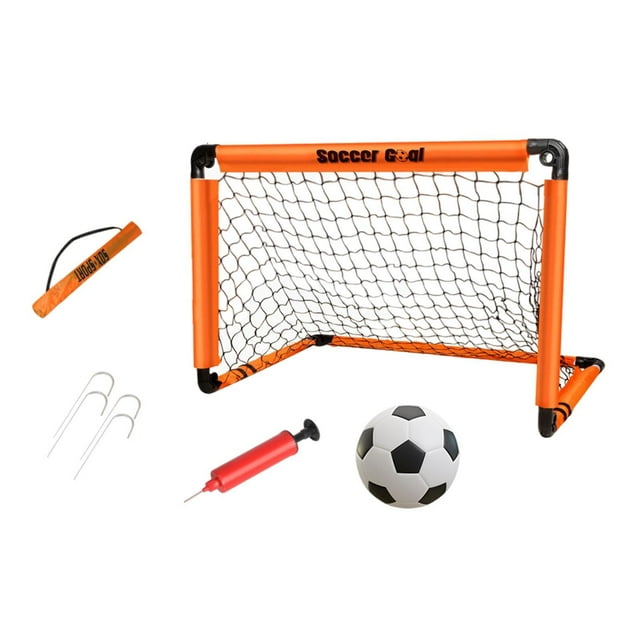 Portería de fútbol infantil plegable con estacas para el suelo y bomba de aire para balón de fútbol. Naranja 60x45cm