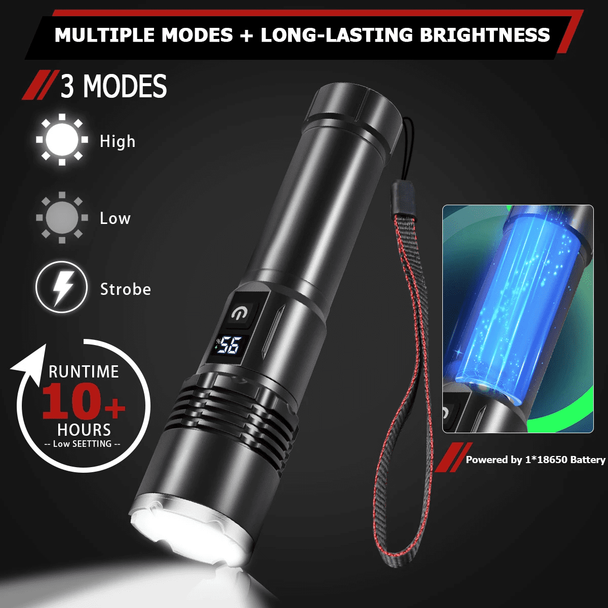 2pack High Lumens USB Rechargeable LED Flashlights, 3 Modes Super Bright Powerful Zooom Handheld Flashlight With 18650 Battery & LCD Power Display For Home/Camping/Hiking