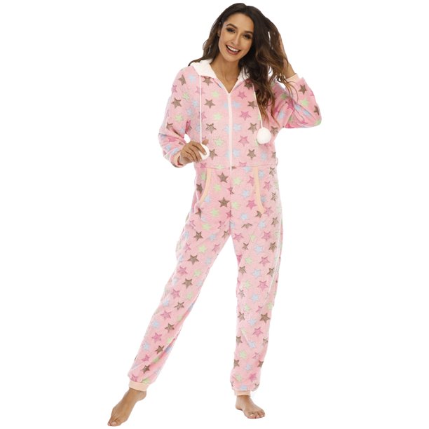 Gibobby Pijamas mujer calientitas Mono con cremallera y capucha con estampado de felpa para mujer(Rosa,XL)