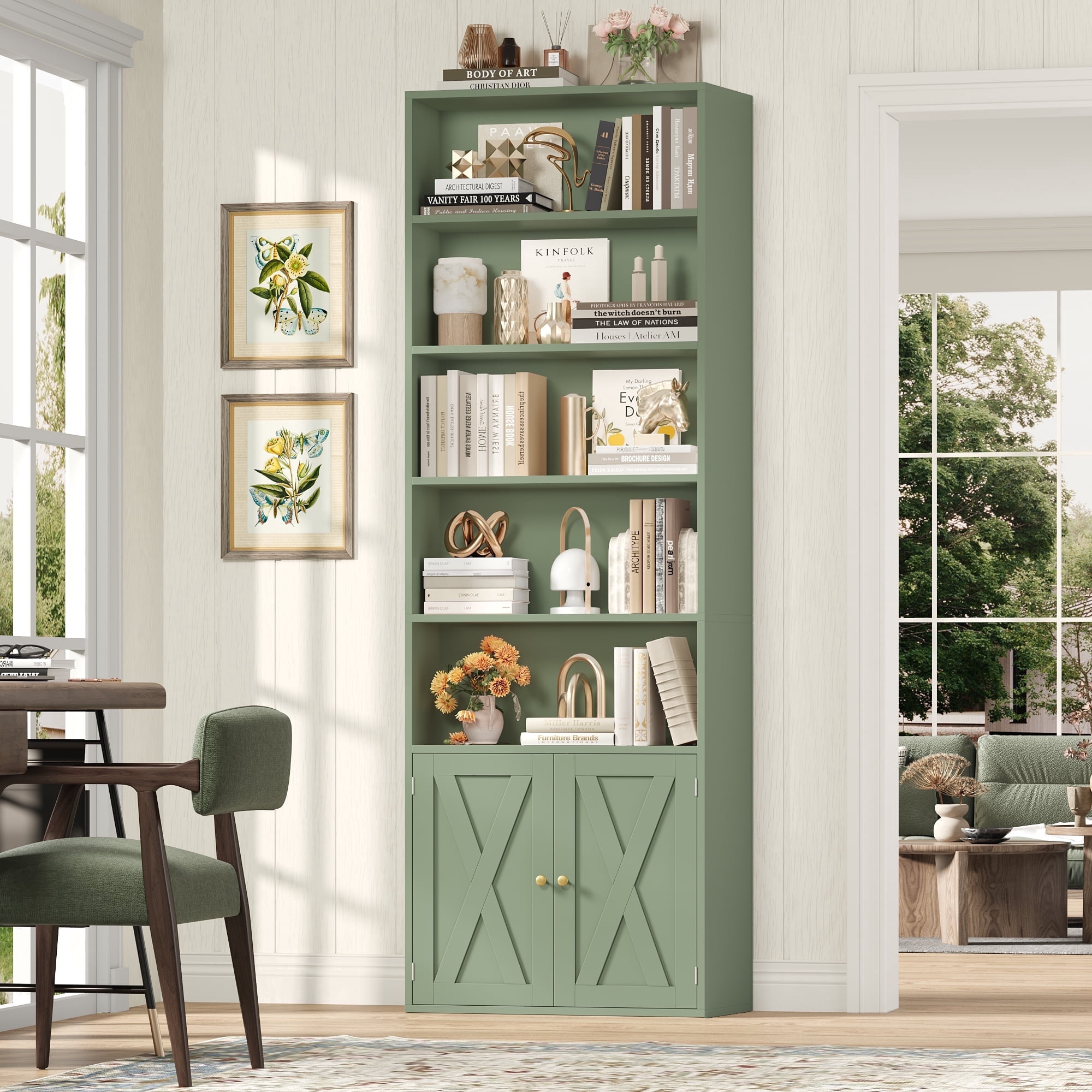 Hiphuta 81.5" Tall Bookcase with Doors, 5-Tier Bookshelves with Storage, 23.6"W Display Shelf with 2 Doors for Home Office, Living Room, Green