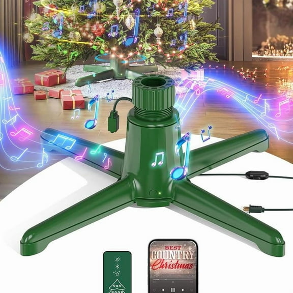 Musical Rotating Christmas Tree Stand, Up to 9ft 120 lb Artificial Christmas Tree, 360° Spinning Tree Stand with Remote Control, Built-in 3 Light Output Ports 800W