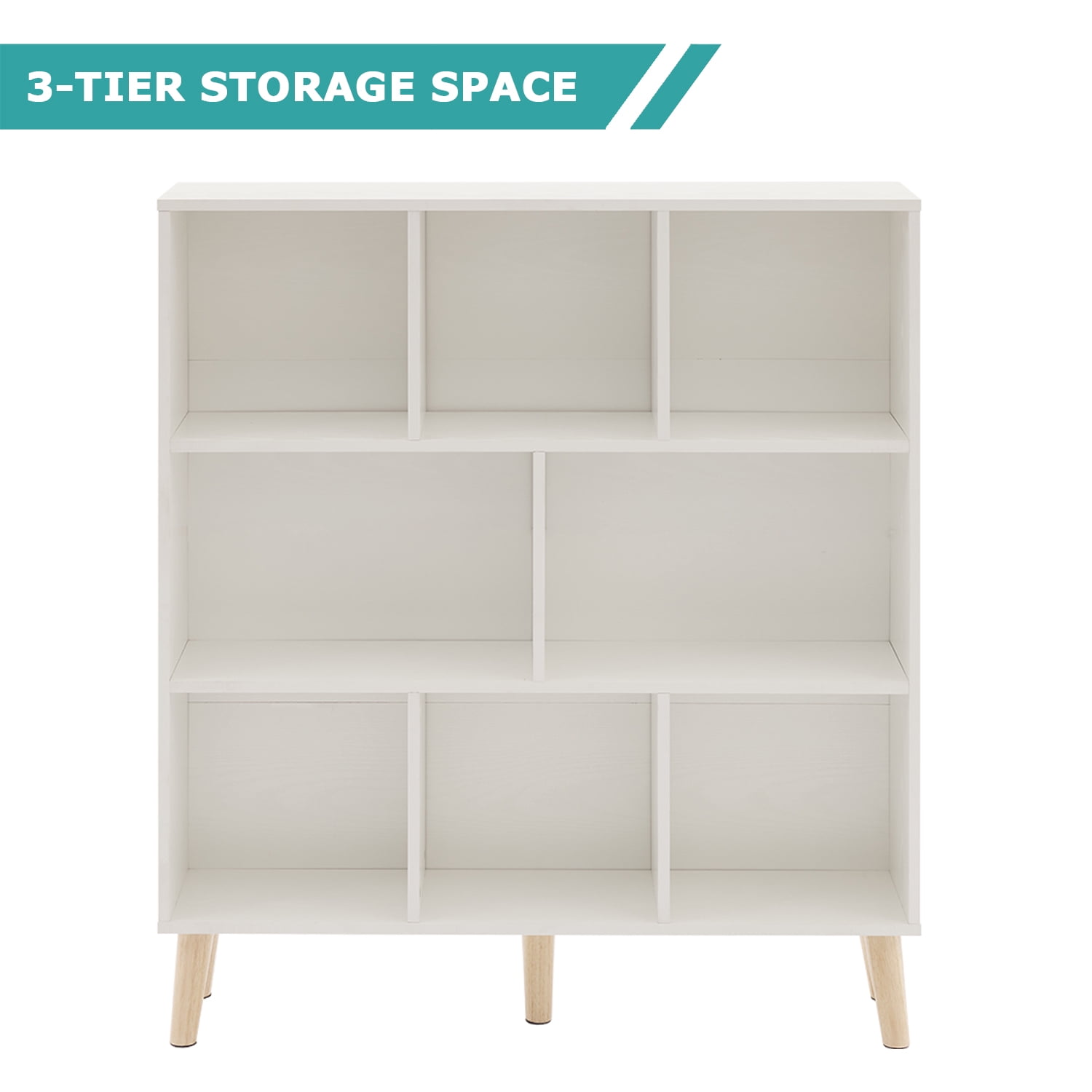3-Tier Book Shelf, 8 Cube Bookcase, Mid-Century Modern Wood Shelf for Living Room, or Office, White