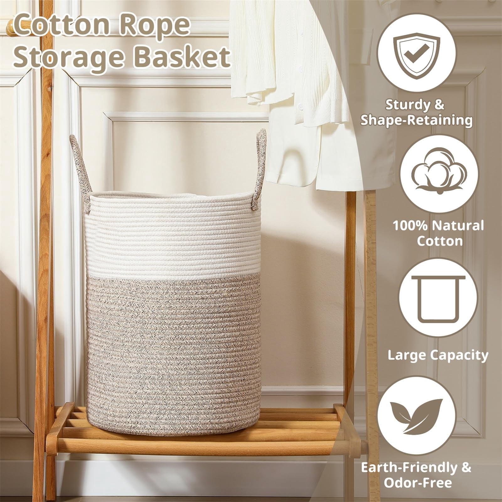 60L Large Woven Laundry Basket Hamper, 100% Natural Cotton Rope, Handwoven & Durable, Storage for Blankets, Toys, Clothes, Nursery Hamper for Living Room, Baby Room, Bedroom (Brown and White)