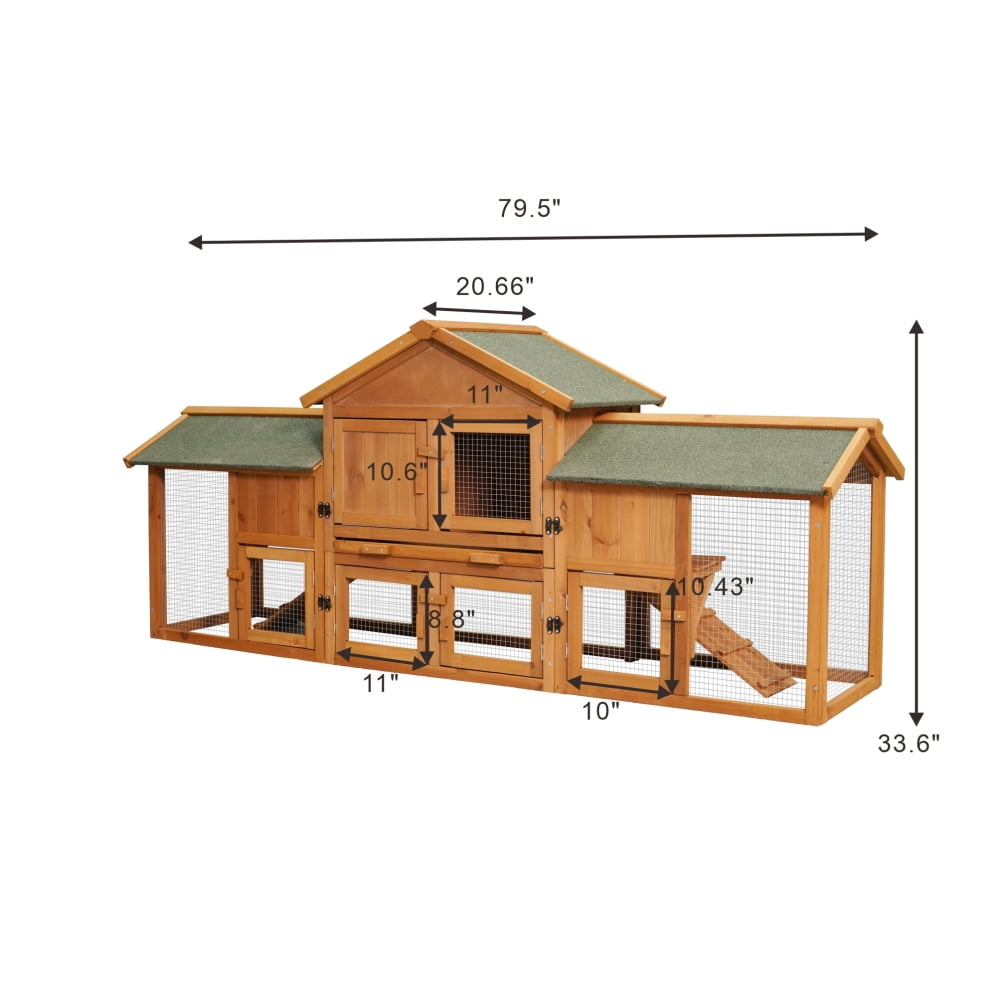 79.5" Extra Large Bunny Cage with 2 Runs, Waterproof Roof, Removable Tray, Small Animal Habitat