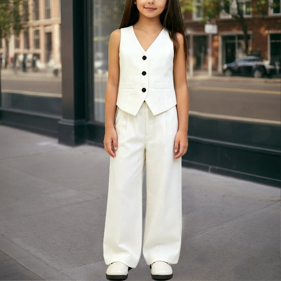 Pounoo Girls Two Piece Outfits V Neck Button Down Vest High Waist Wide Leg Pants Formal Dressy Suit Set for Party Performance School (Ages 6-12)