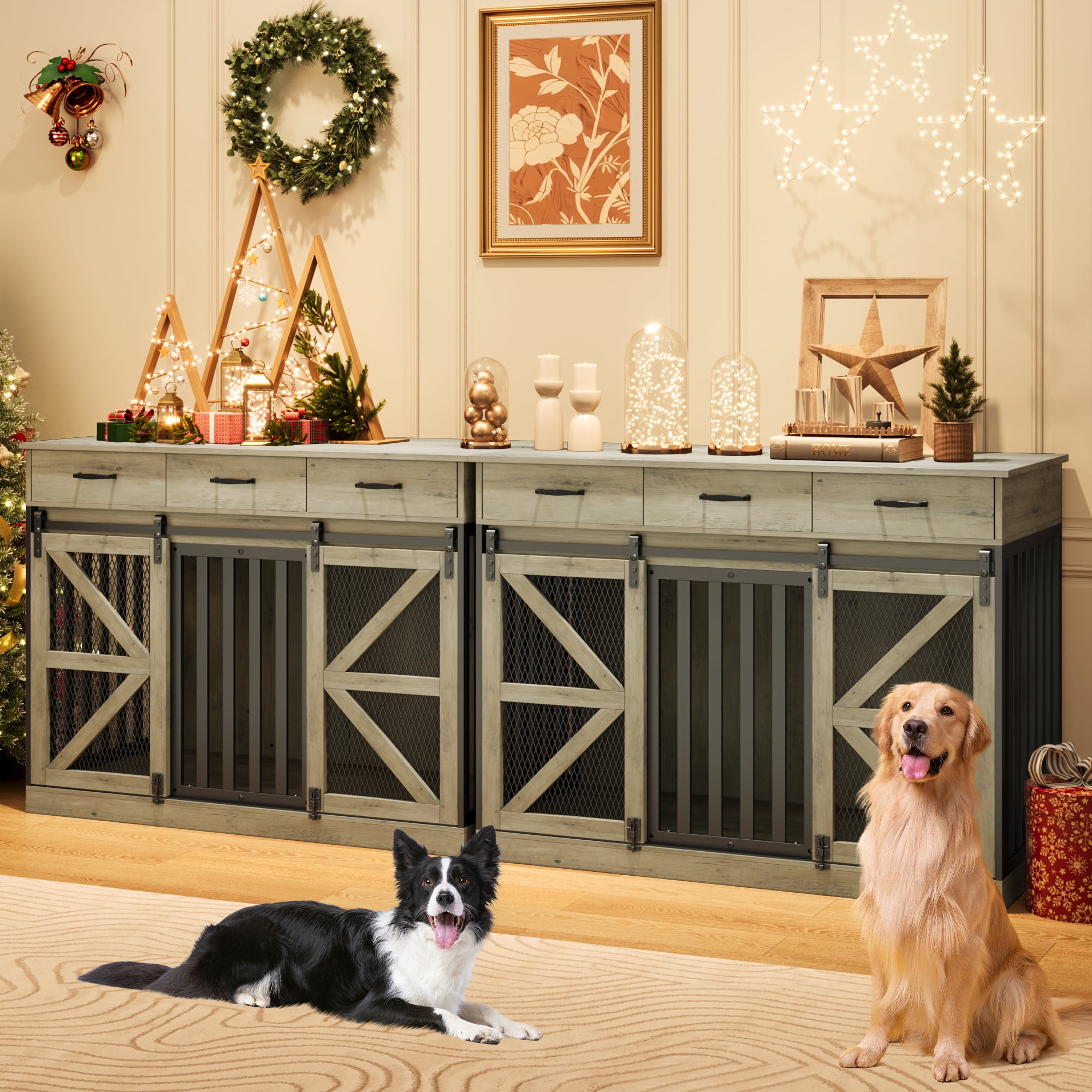 Casendy Dog Crate Furniture with Adjustable Divider for 2 Dogs, Heavy Duty Dog Kennels with 3 Drawers and Sliding Doors, Media Console Dog Cage for Living Room, Gray