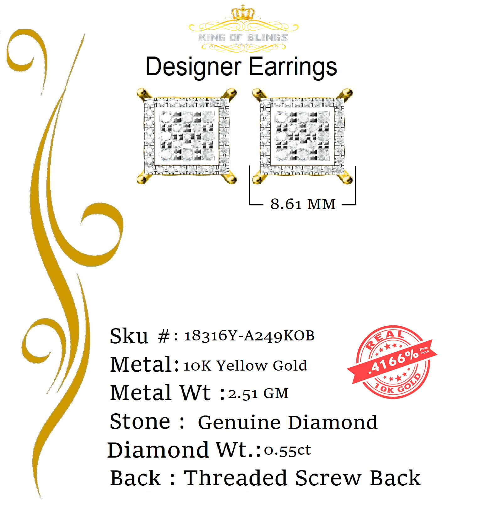 King of Bling's 10K Real Yellow Gold with 0.55CT Real Diamond Men's/Women's Stud Square Earrings