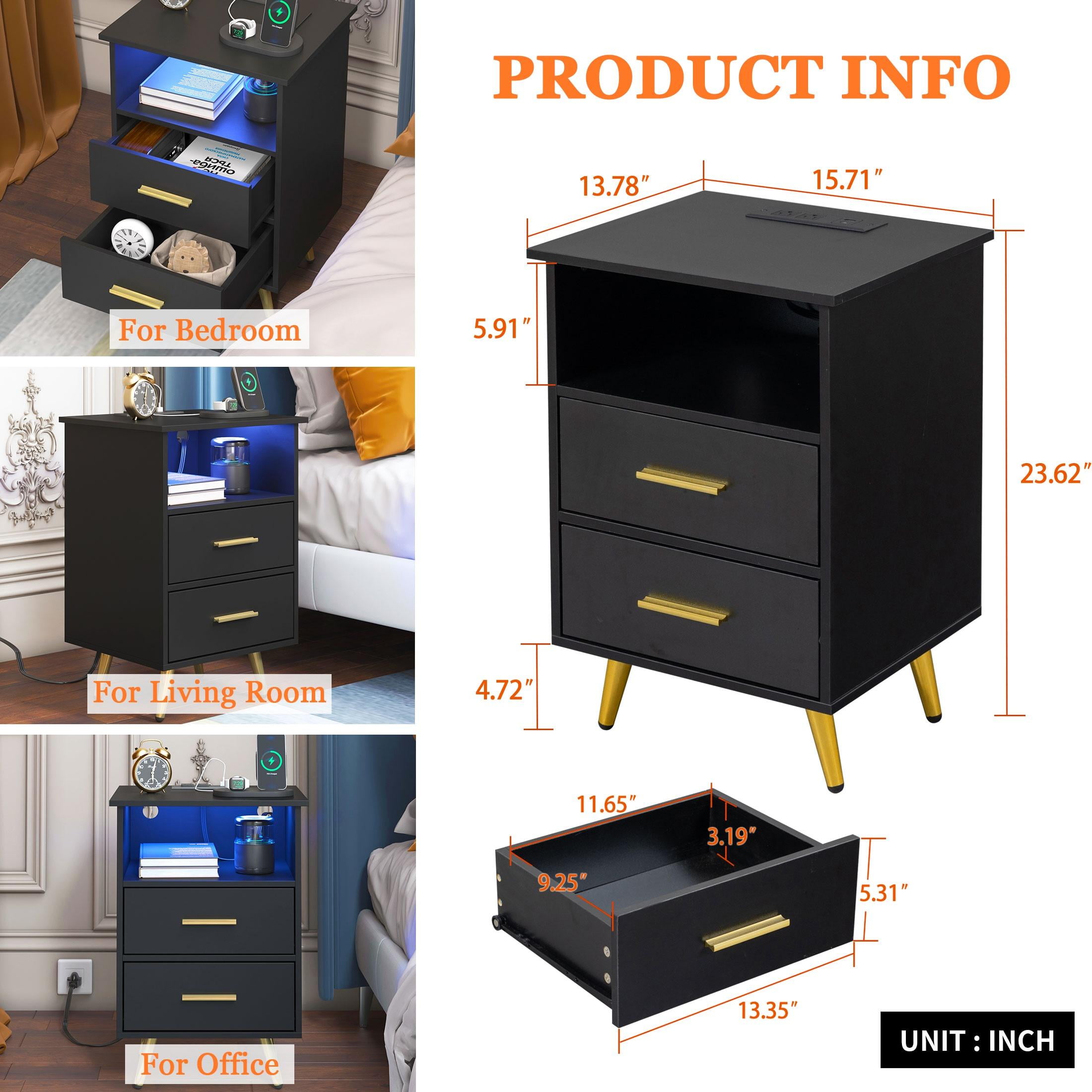 UHOMEPRO Black Nightstand with Charging Station, Bedside Table with LED Lights Strips, Modern End Side Table, Versatile Nightstand with Drawers, Side Table for Home and Office
