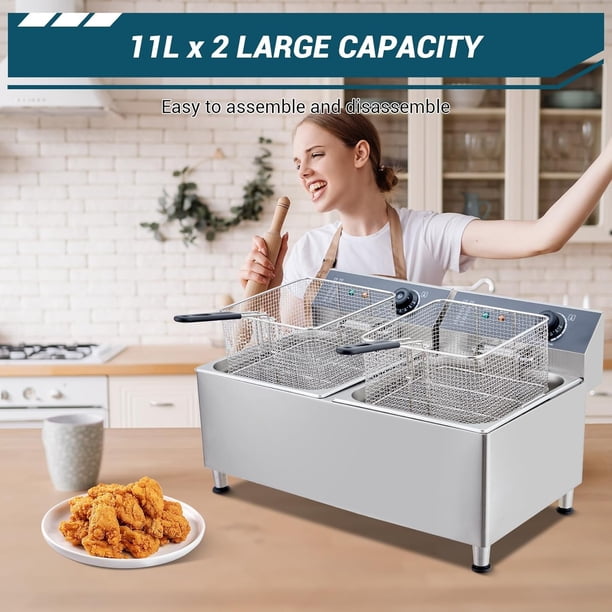 Historyli Freidora eléctrica de acero inoxidable de 11+11 l con cestas,revestimiento interior de 304,tapa y control de temperatura para cocinas domésticas y restaurantes.