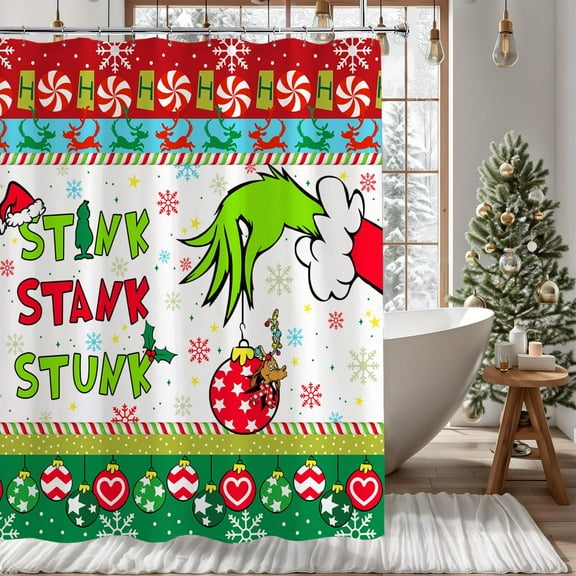 Funny Christmas Shower Curtain with 12 Hooks, Waterproof Christmas Bathroom Curtains Decor, Holiday Xmas Christmas Shower Curtains for Bathroom Decorations, 72x72 Inch