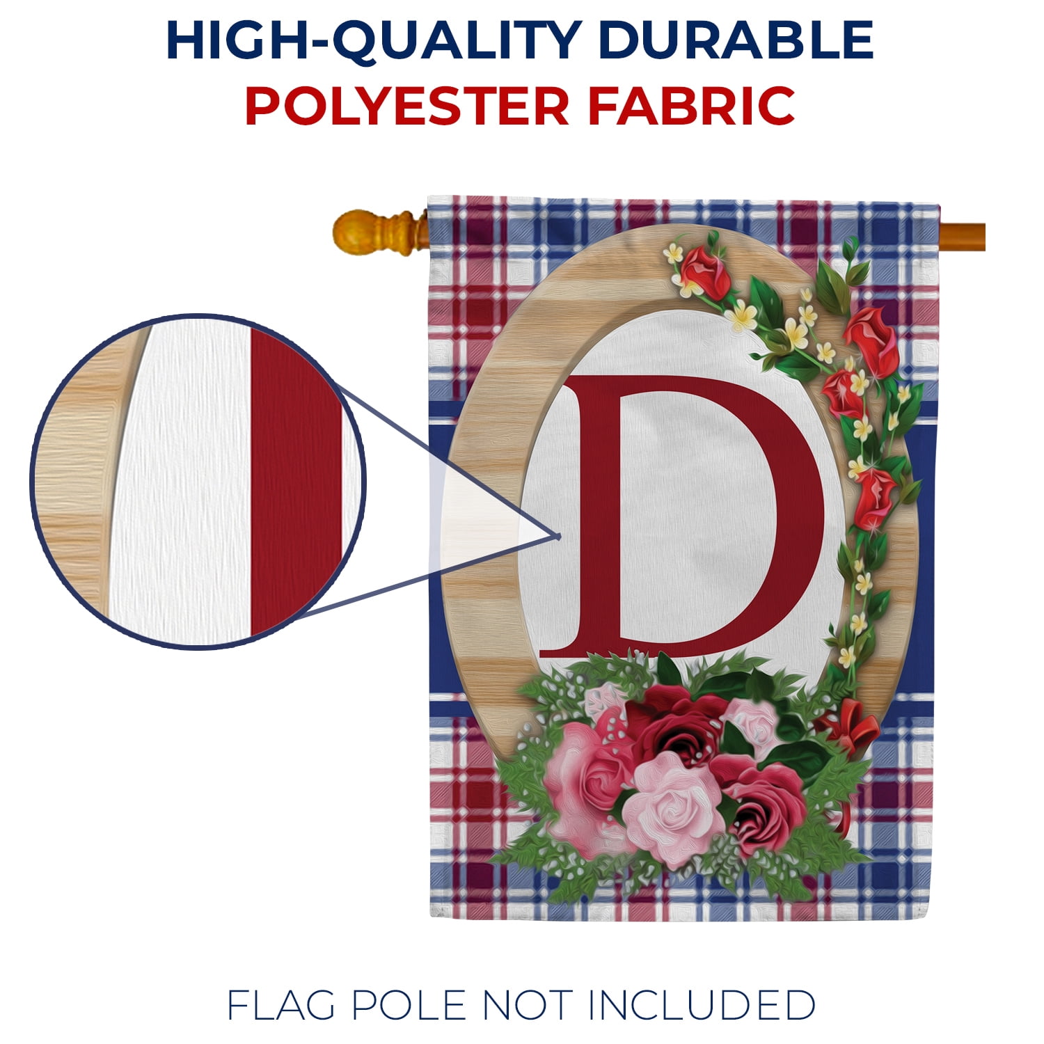 America Forever Monogram D House Flag, 28 x 40 inch Double Sided, Letter D with Roses, Floral Initial Flag, Plaid Background, Personalized Yard Decor