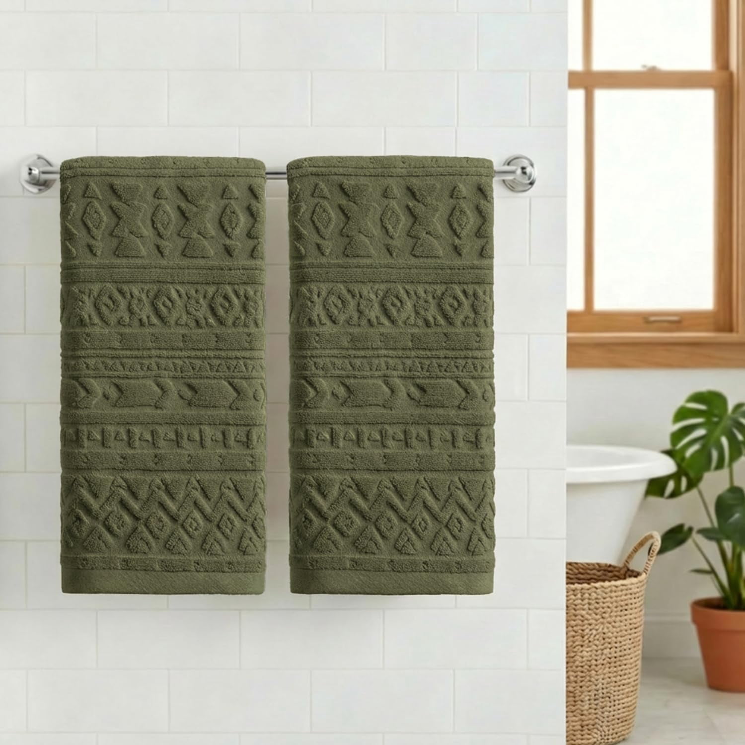 JJEAN-2 Pcs Olive Green 3D Geometric Design Jacquard Hand Towels for Bathroom, Cotton Soft Absorbent Bathroom Decor Towels, 13.7 x 29.5 Inch
