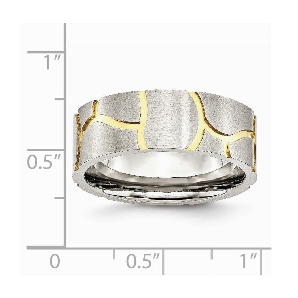 Stainless Steel Satin and Grooved Gold-Flashed Mens 8mm Band Ring - 7.6 Grams - Size 13