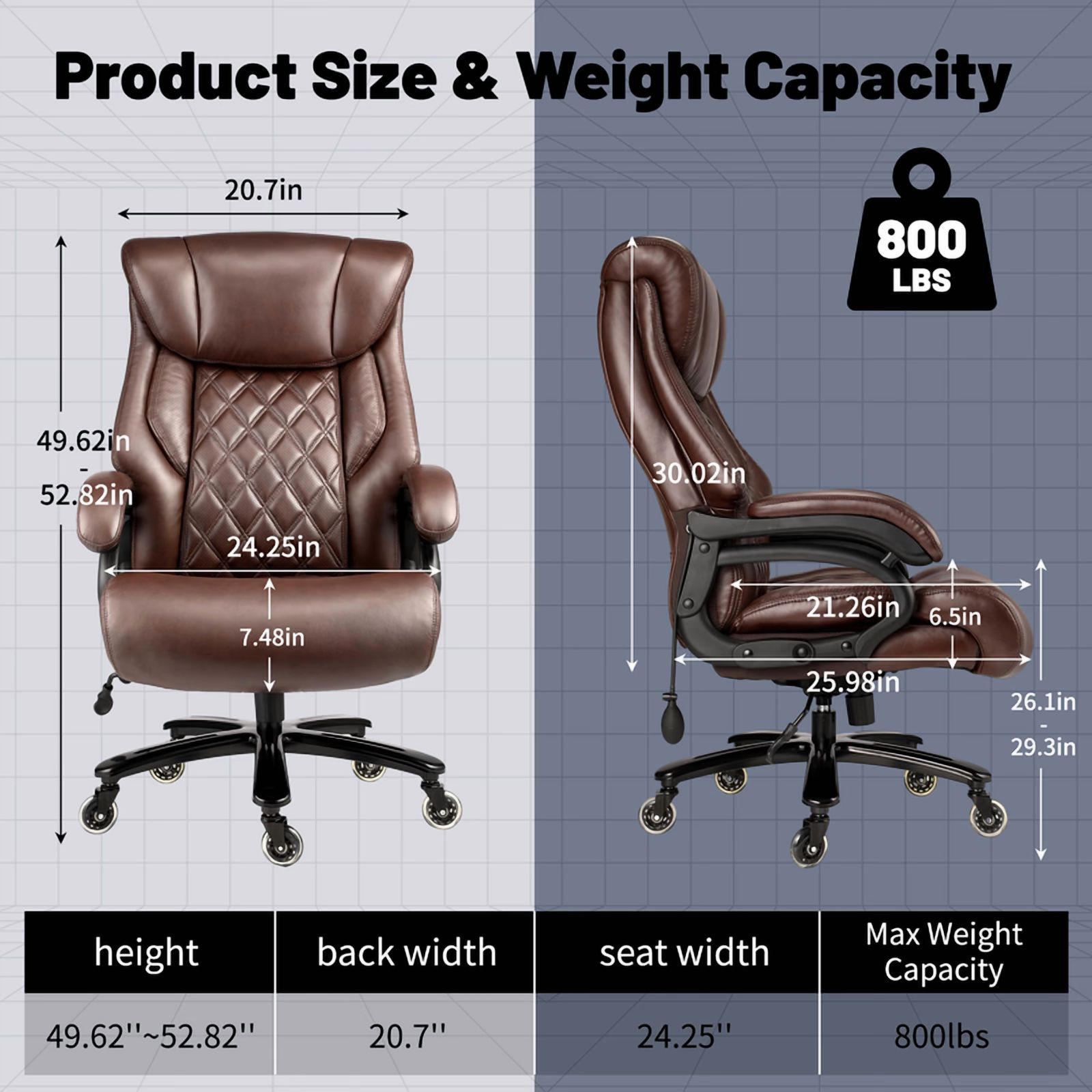 Qusaphy 800LBS Big and Tall Executive Office Chair, PU Leather Ergonomic Desk Chair with Adjustable Backrest and Thick Padded Cushion, Heavy Duty Chair for Home or Office Brown