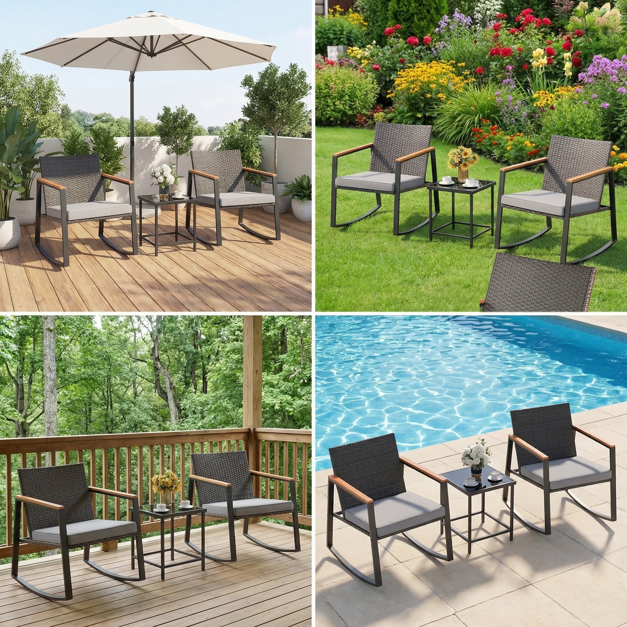 Lofka 3-Piece Rocking Patio Bistro Set, Outdoor Wicker Furniture Set with Tempered Glass Table & Chairs for Patio Balcony Porch, Gray