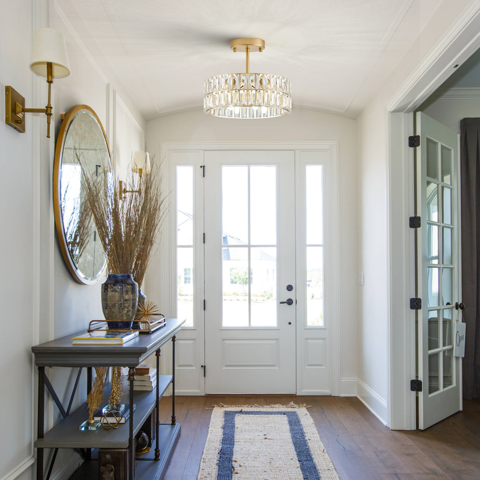 Small Gold Crystal Chandeliers, Modern Semi Flush Mount Chandelier 4-Light Drum Crystal Ceiling Pendant Light Fixture 12” for Foyer Entryway Kitchen Hallway Dining Room