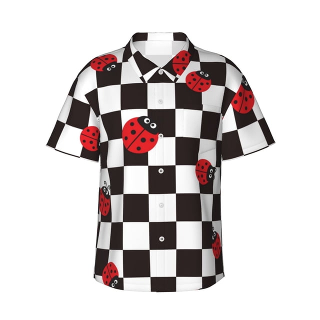 Fotbe Ladybugs Of Black And White Checkers Camisa Hawaiana para Hombre Unisex – Camisa Casual de Verano con Botones de Manga Corta de Algodón y Lino,3X-Large