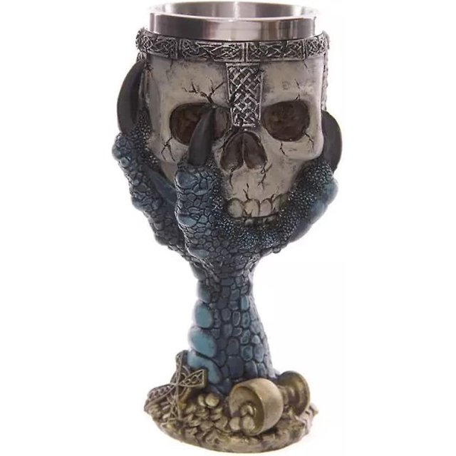 Copa de acero inoxidable con forma de calavera y garra de dragón, de doble pared, color azul