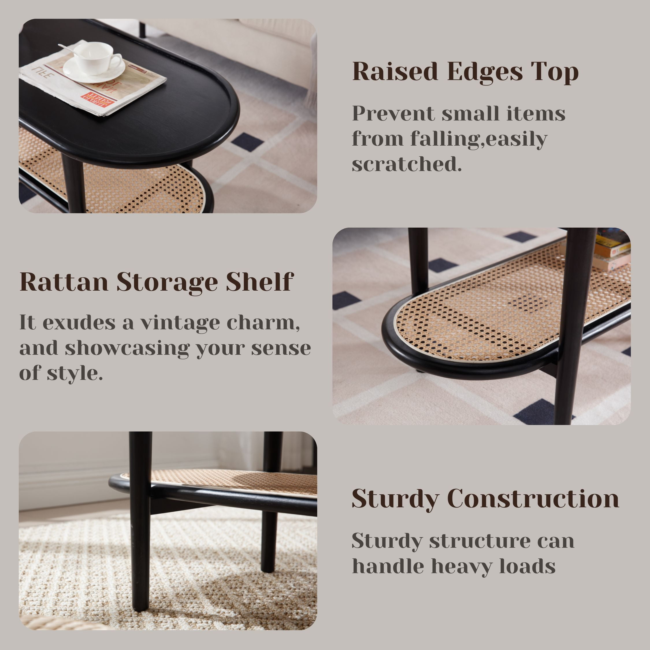 Dayalane Black Rattan Coffee Table,Mid-Century Modern 2-Tier Center Table with Storage Shelf Wooden Top for Living Room, Bedroom or Small Spaces