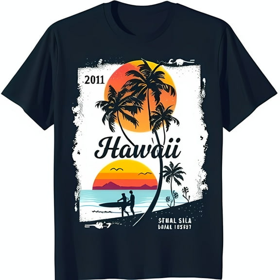 Vintage Hawaii Graphic Black T-Shirt with Surfer and Sunset Design