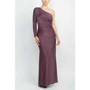 Adrianna Papell Asymmetrical Neck One Shoulder Ruched Side Zipper Side Slit Side Bodycon Metallic Knit Dress-AMETHYST