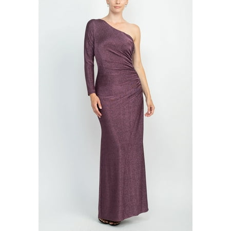 Adrianna Papell Asymmetrical Neck One Shoulder Ruched Side Zipper Side Slit Side Bodycon Metallic Knit Dress-AMETHYST