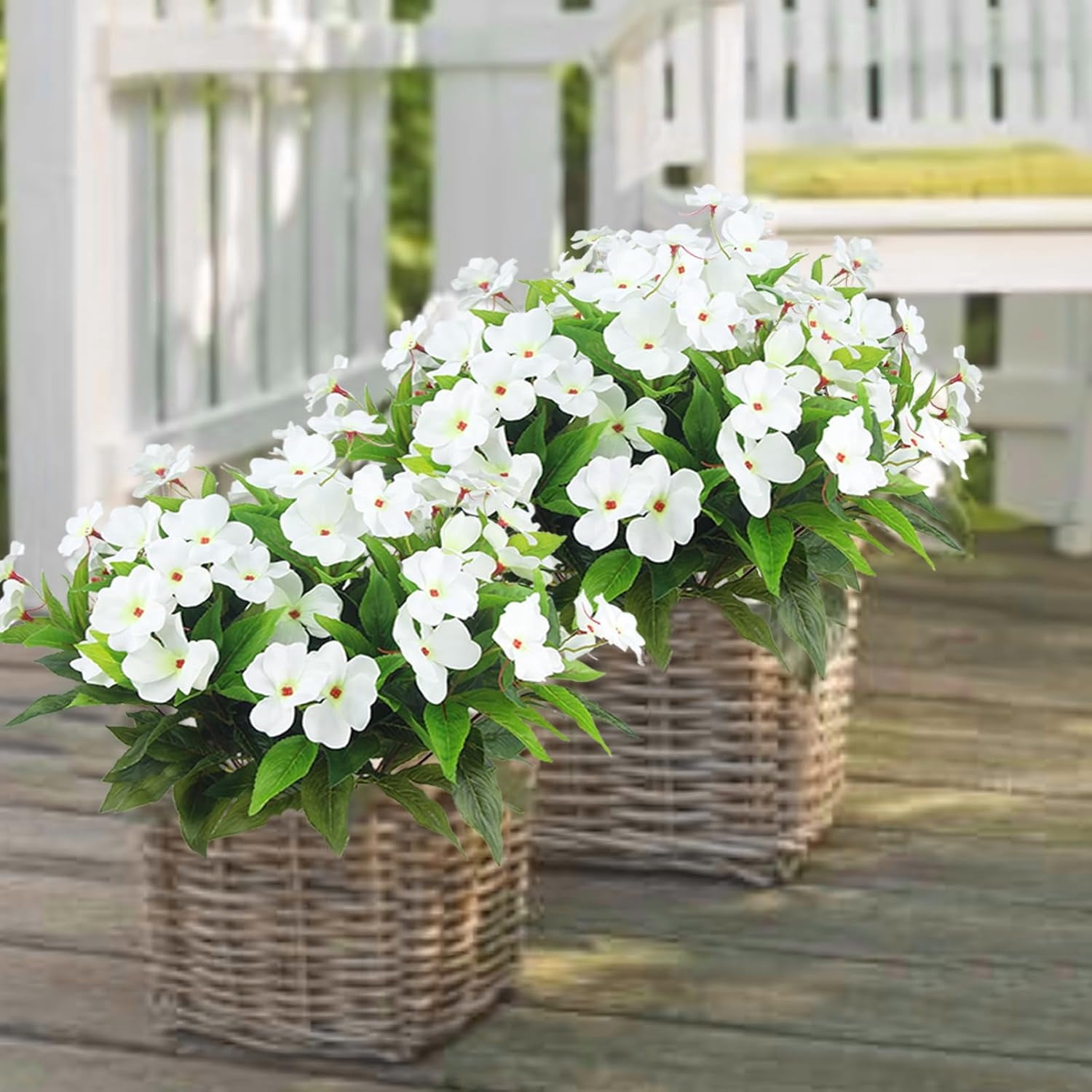 Artificial Impatiens Flowers 4 Pcs Silk Impatiens Flower White Faux Greenery Fake Flowers Bushes for Hanging Basket Porch Office Wedding Decor,16 inch,HYG