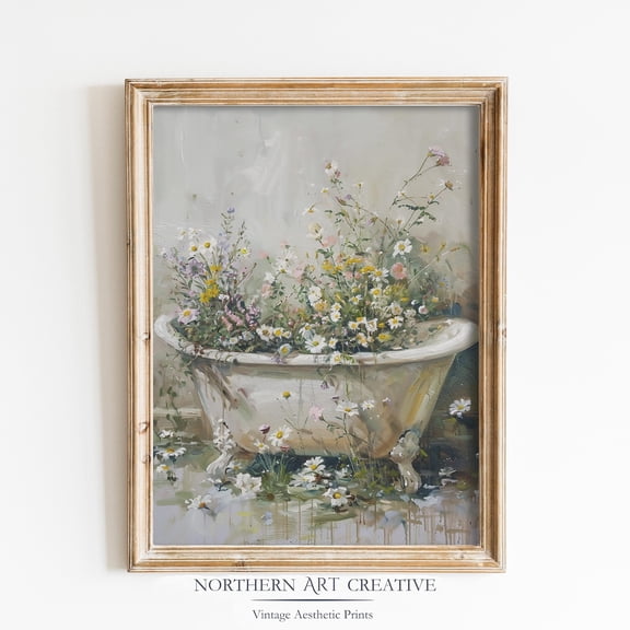 Wildflowers Bath Decor Neutral Wall Art Bathroom Print Botanical Bathtub Decor Floral Bath Art Vintage Bathroom Print Farmhouse Home Decor #2326, Unframed Poster Size 8x12