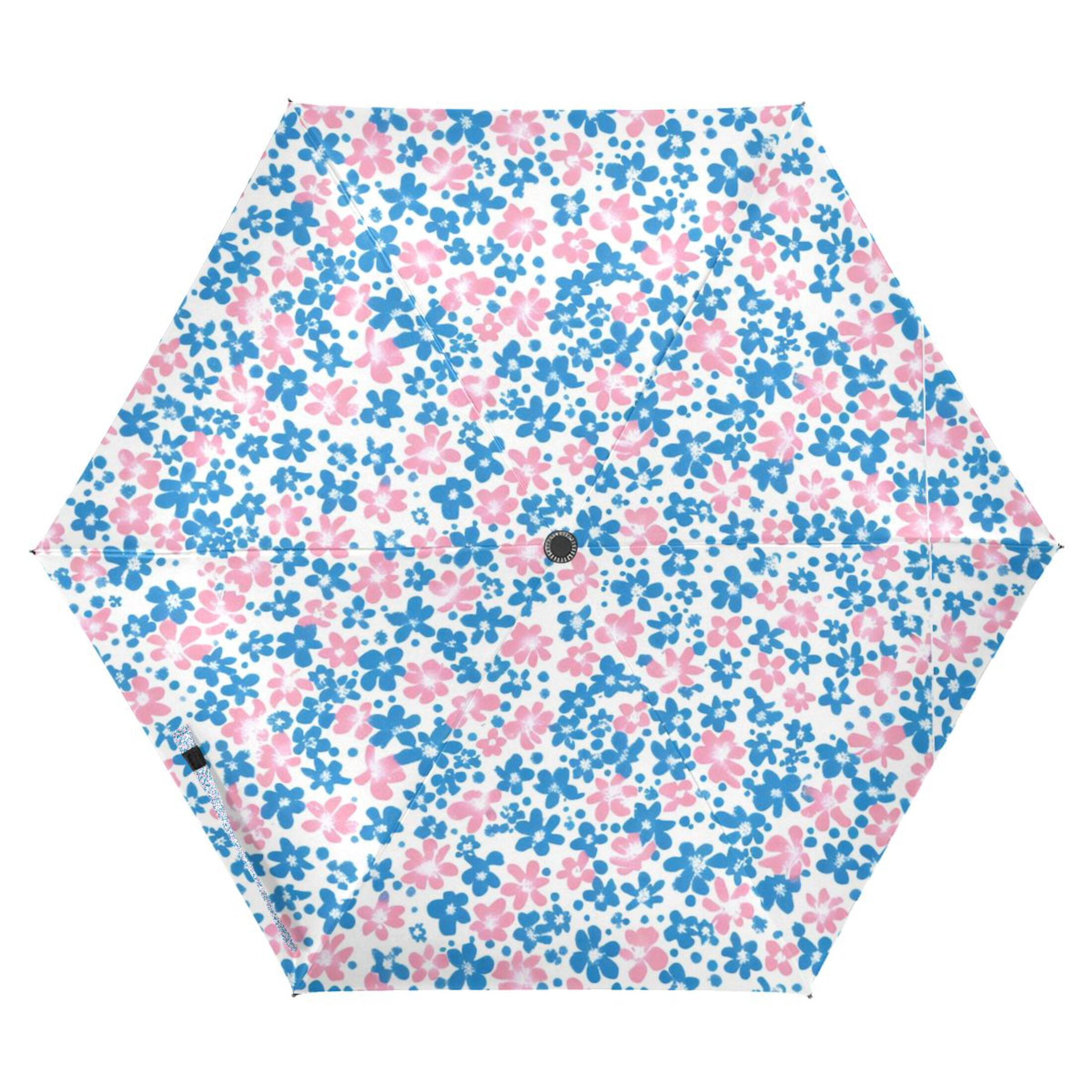 Blue and Pink Small Flowers Compact Sun Umbrella Windproof Travel Umbrellas for Rain Strong Portable UV Protection