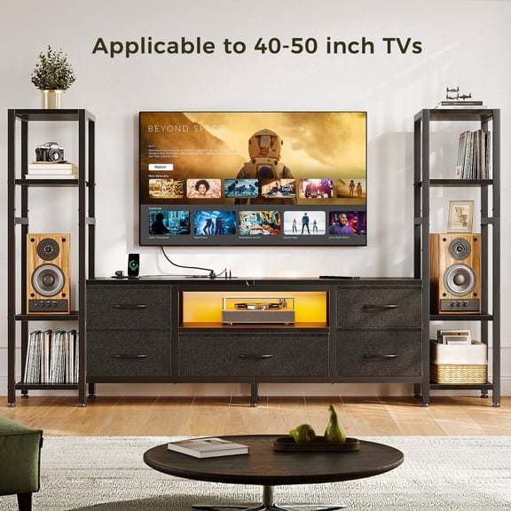 Casacomoda TV Stand for 40–50 " TV, Entertainment Center with LED Lights & Power Outlets, 71" TV Console with 5 Fabric Drawers and Open Shelves for Living Room or Bedroom, Black
