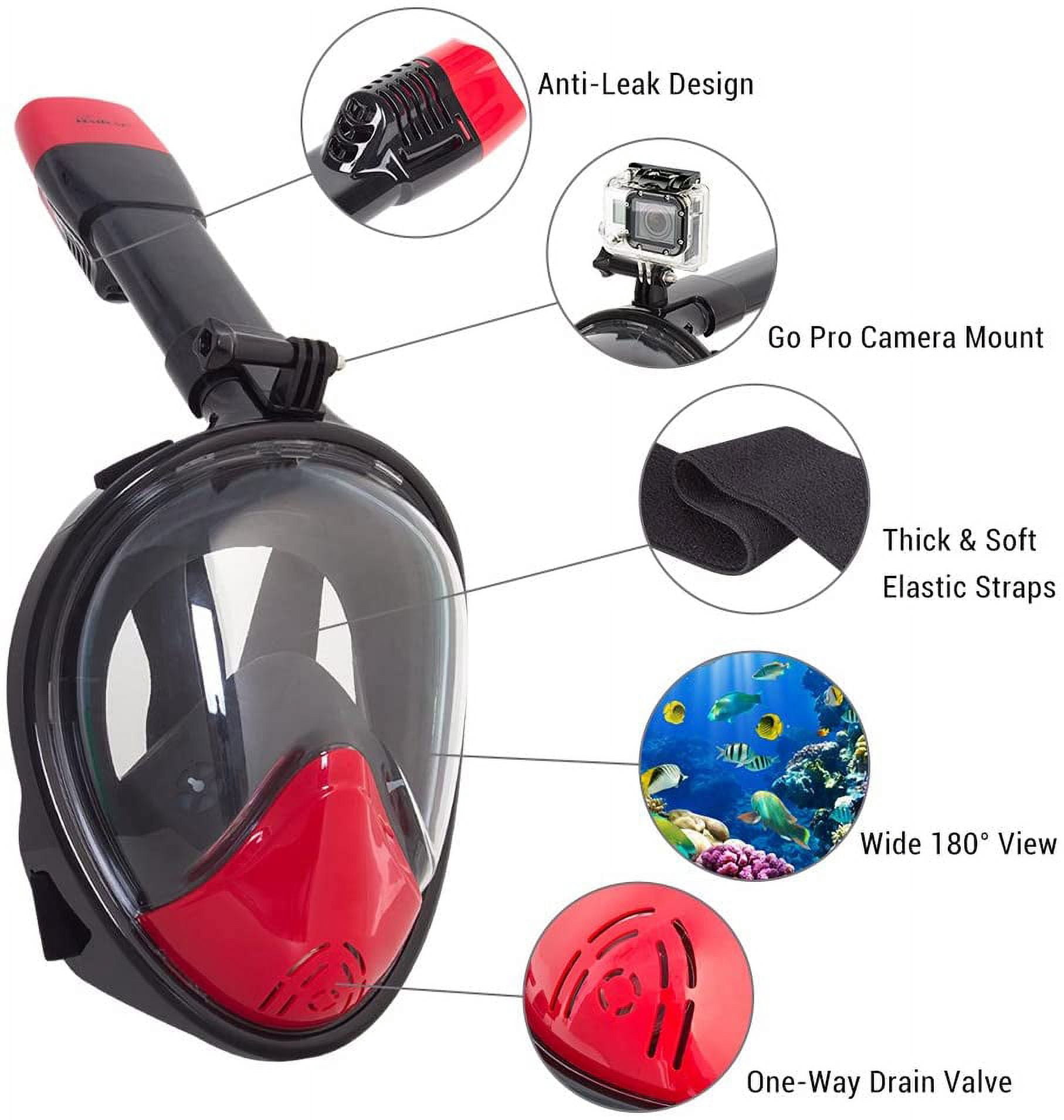 Full Face Snorkel Mask 180 Wide View Easy Breathe GoPro Compatible with Anti-Fog and Anti-Leak Design (L/XL)