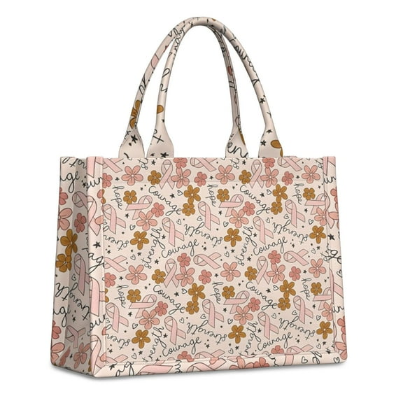 Large Capacity Tote Bag,Breast Cancer Awareness Pink Ribbon Floral Pattern Handbag Fashion Luxury Tote Bag,15.7"x13"x 5.1" Inches,Laptop Compatible