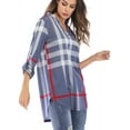 thumbnail image 2 of Women Roll-Up 3/4 Sleeve Plaid Shirt Tunic V Neck Casual Pullover Blouses Tops, 2 of 7